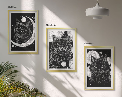 Three-piece wall art piece Black cats moon space