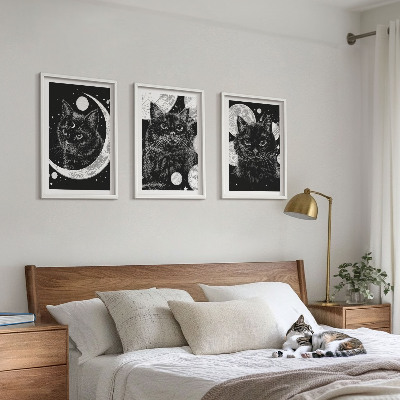 Three-piece wall art piece Black cats moon space