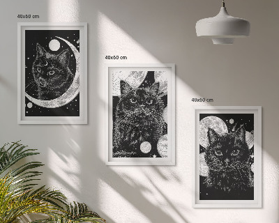 Three-piece wall art piece Black cats moon space
