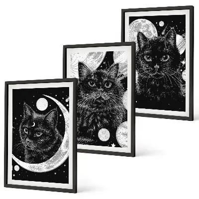 Black cats moon space wall art three-piece wall art set