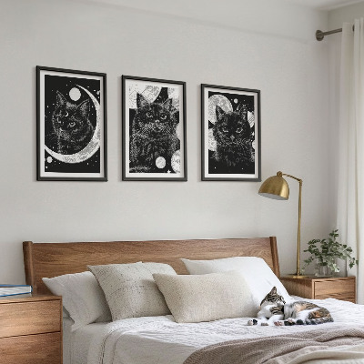 Three-piece wall art piece Black cats moon space