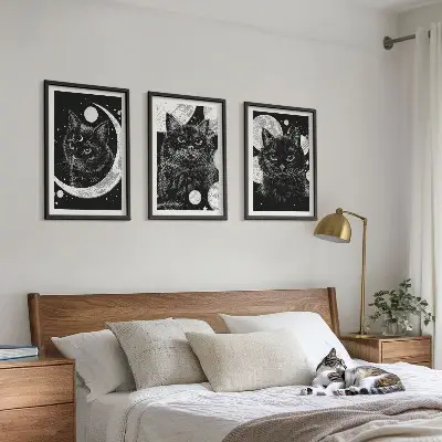 Black cats moon space wall art three-piece wall art set
