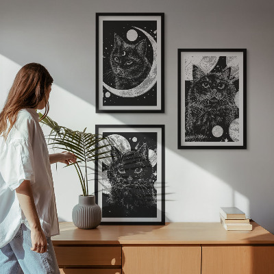 Three-piece wall art piece Black cats moon space