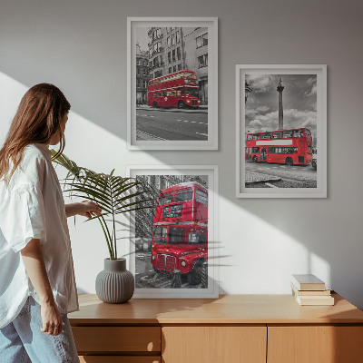 Set of 3 framed wall art pieces Red buses London