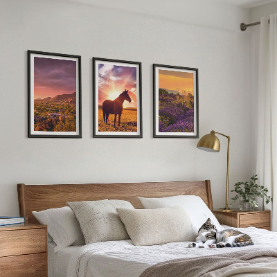 Three-piece wall art piece Mountain landscape with a horse