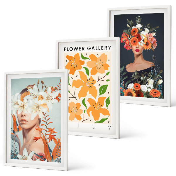 Set of 3 framed wall art pieces Floral portraits with bouquets