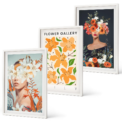 Set of 3 framed wall art pieces Floral portraits with bouquets