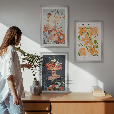 Set of 3 framed wall art pieces Floral portraits with bouquets