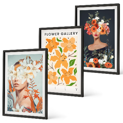 Set of 3 framed wall art pieces Floral portraits with bouquets