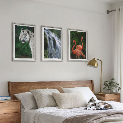 Three-piece wall art piece Tiger waterfall flamingos nature