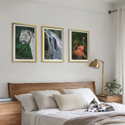 Three-piece wall art piece Tiger waterfall flamingos nature