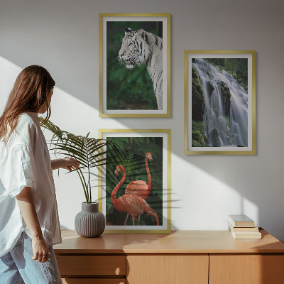 Three-piece wall art piece Tiger waterfall flamingos nature