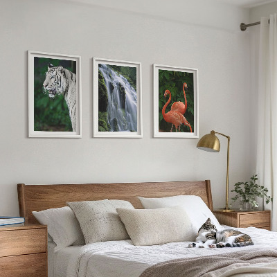 Three-piece wall art piece Tiger waterfall flamingos nature