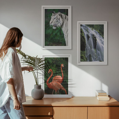 Three-piece wall art piece Tiger waterfall flamingos nature