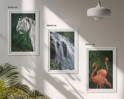Three-piece nature wall art set featuring a tiger, waterfall, and flamingos