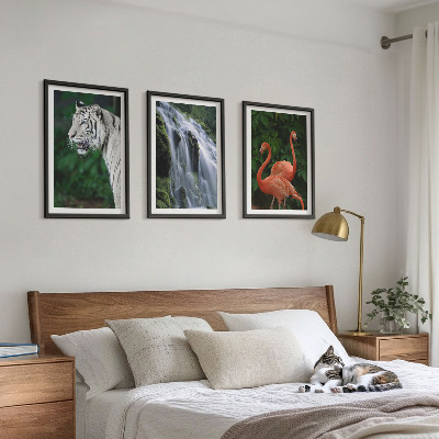 Three-piece wall art piece Tiger waterfall flamingos nature
