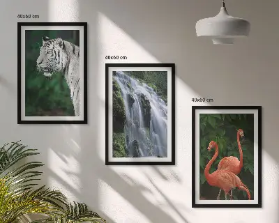 Three-piece nature wall art set featuring a tiger, waterfall, and flamingos