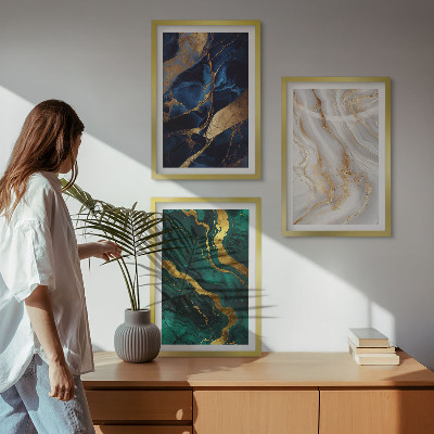 Set of 3 framed wall art pieces Abstract blue green patterns