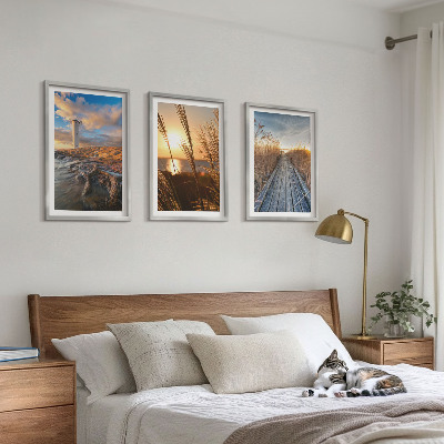 Set of 3 framed wall art pieces Lighthouse grass jetty