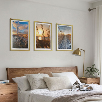 Set of 3 framed wall art pieces Lighthouse grass jetty