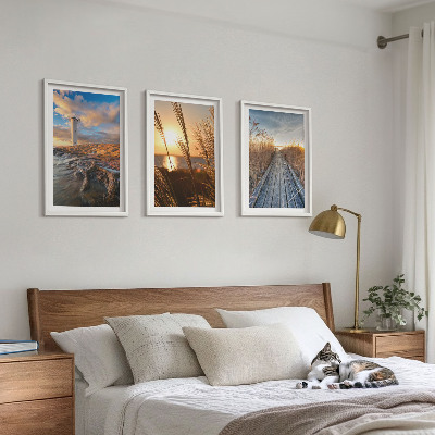 Set of 3 framed wall art pieces Lighthouse grass jetty