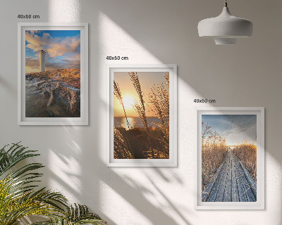 Set of 3 framed wall art pieces Lighthouse grass jetty