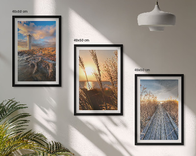 Set of 3 framed wall art pieces Lighthouse grass jetty