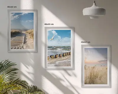 Wall art set featuring a coastal beach scene with sand, waves, sky, and birds
