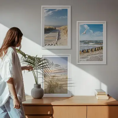 Wall art set featuring a coastal beach scene with sand, waves, sky, and birds