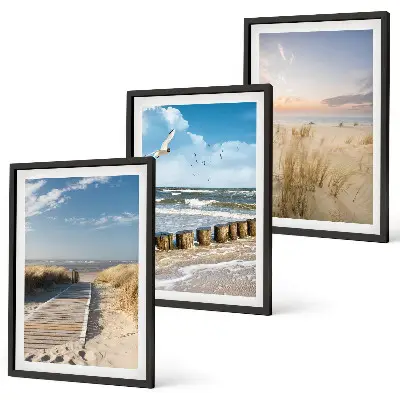 Wall art set featuring a coastal beach scene with sand, waves, sky, and birds