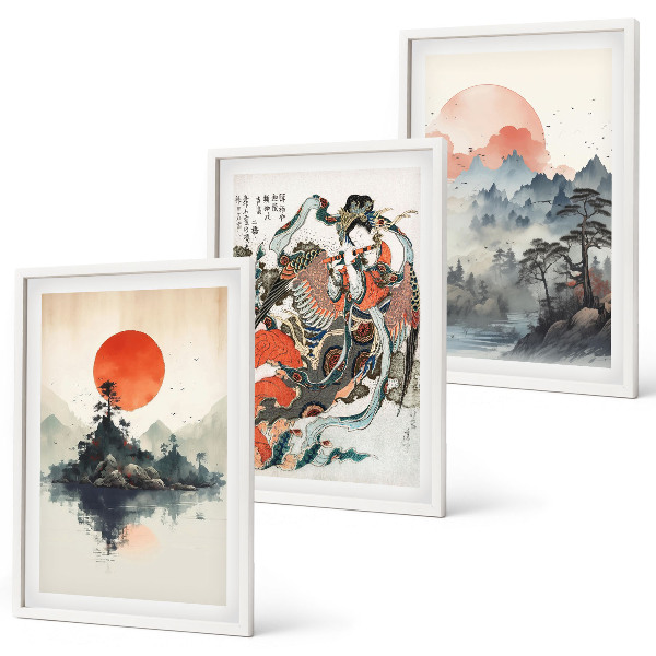 Three-piece wall art piece Asian japandi paintings