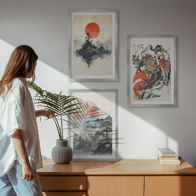 Three-piece wall art piece Asian japandi paintings