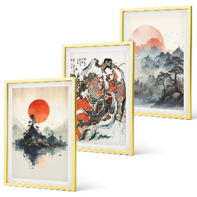 Three-piece wall art piece Asian japandi paintings