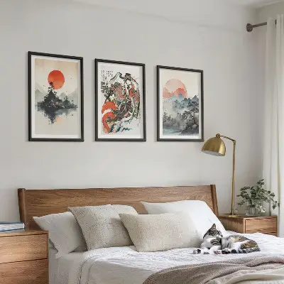 Three-piece wall art set Asian Japandi style paintings