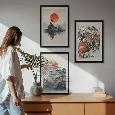 Three-piece wall art set Asian Japandi style paintings