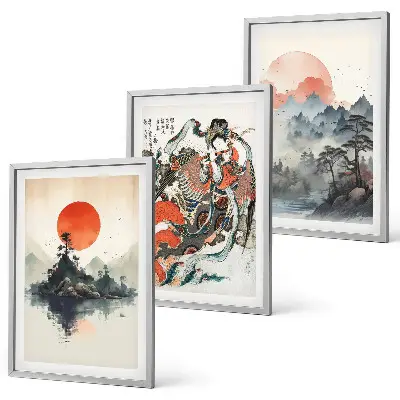 Three-piece wall art set Asian Japandi style paintings
