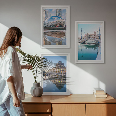 Set of 3 framed wall art pieces Architecture of cities on water