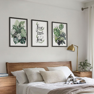 Three-piece wall art piece Leafy plants live laugh love