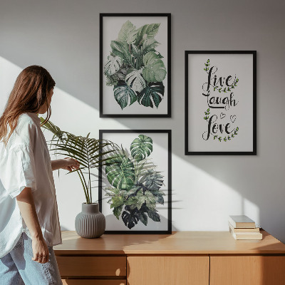 Three-piece wall art piece Leafy plants live laugh love