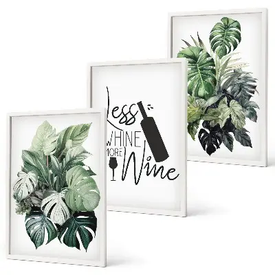 Set of 3 framed wall art pieces with wine and green plant leaves