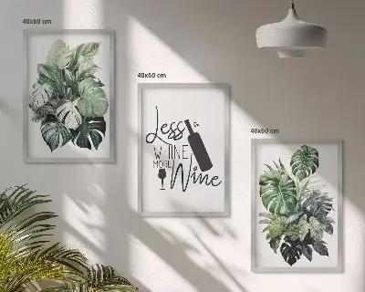 Set of 3 framed wall art pieces with wine and green plant leaves