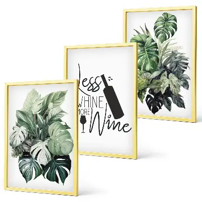 Set of 3 framed wall art pieces with wine and green plant leaves