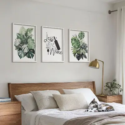 Set of 3 framed wall art pieces with wine and green plant leaves