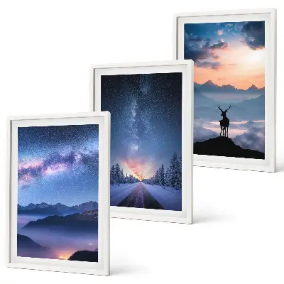 Three-piece wall art set night sky mountains with fog and deer