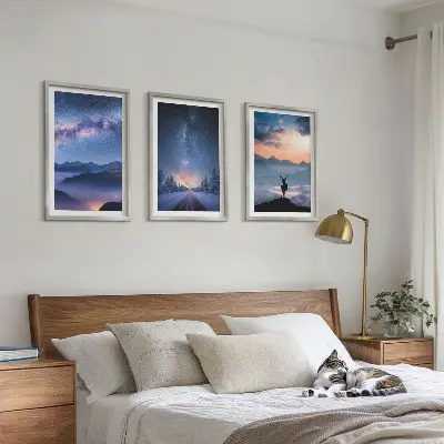 Three-piece wall art set night sky mountains with fog and deer