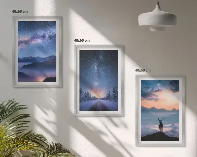 Three-piece wall art set night sky mountains with fog and deer