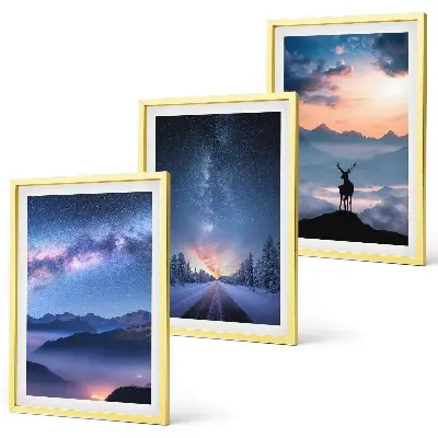 Three-piece wall art set night sky mountains with fog and deer