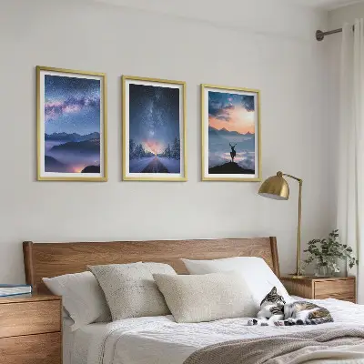 Three-piece wall art set night sky mountains with fog and deer