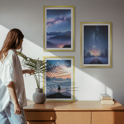 Three-piece wall art piece Night sky mountains fog deer