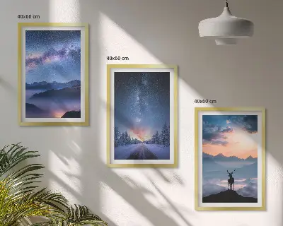 Three-piece wall art set night sky mountains with fog and deer